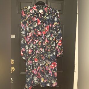 J. Crew Navy Floral Long Sleeve Dress With Tie Neck, Size Medium